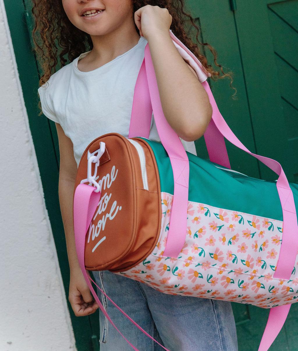Borsa sportiva bambino verde rosa marrone motivo fiori tracolla rosa Hello Hossy