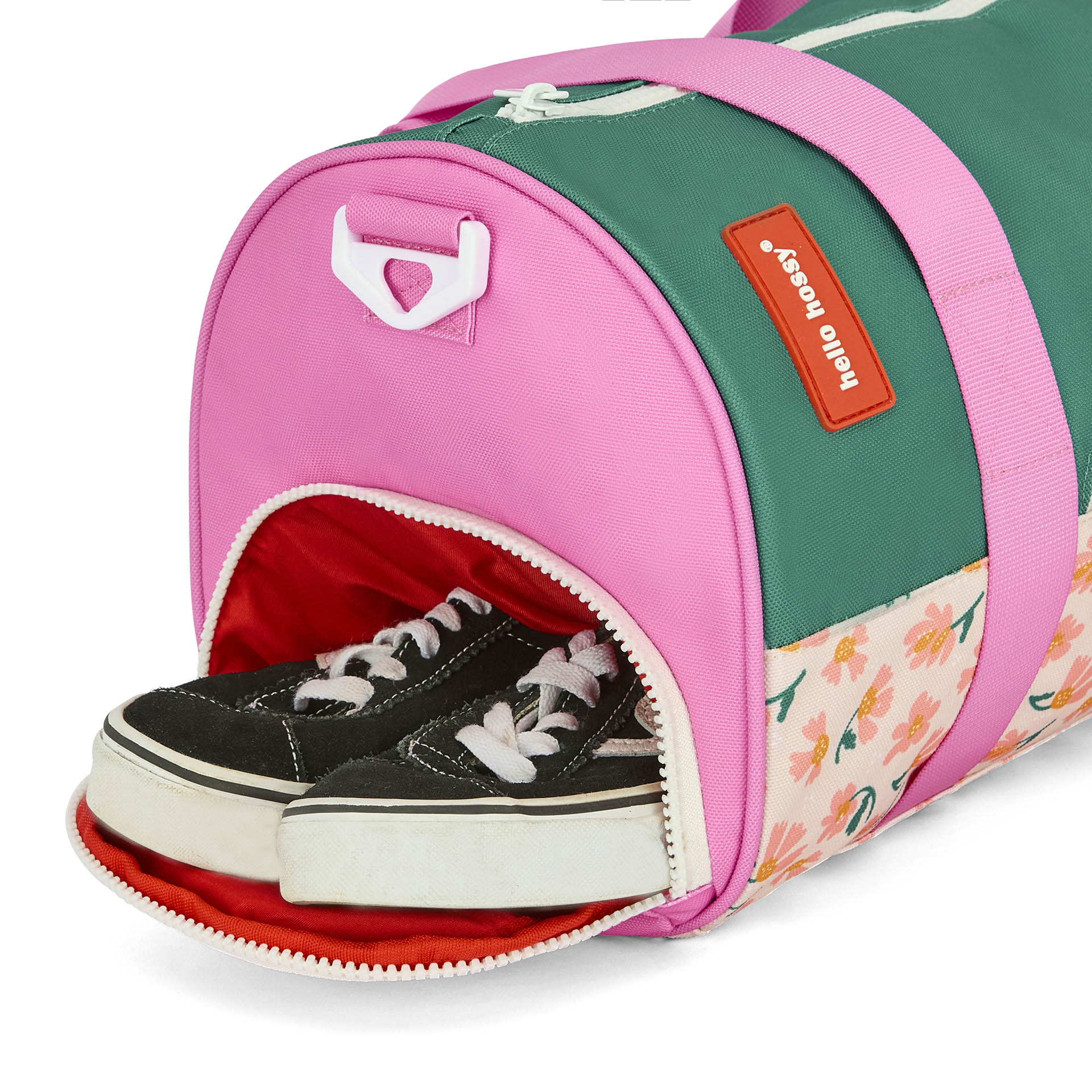 Borsa sportiva verde e rosa per bambino con motivo a fiori e scomparto per scarpe Hello Hossy