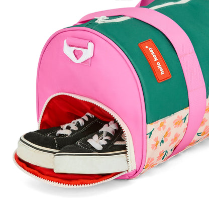Borsa sportiva verde e rosa per bambino con motivo a fiori e scomparto per scarpe Hello Hossy