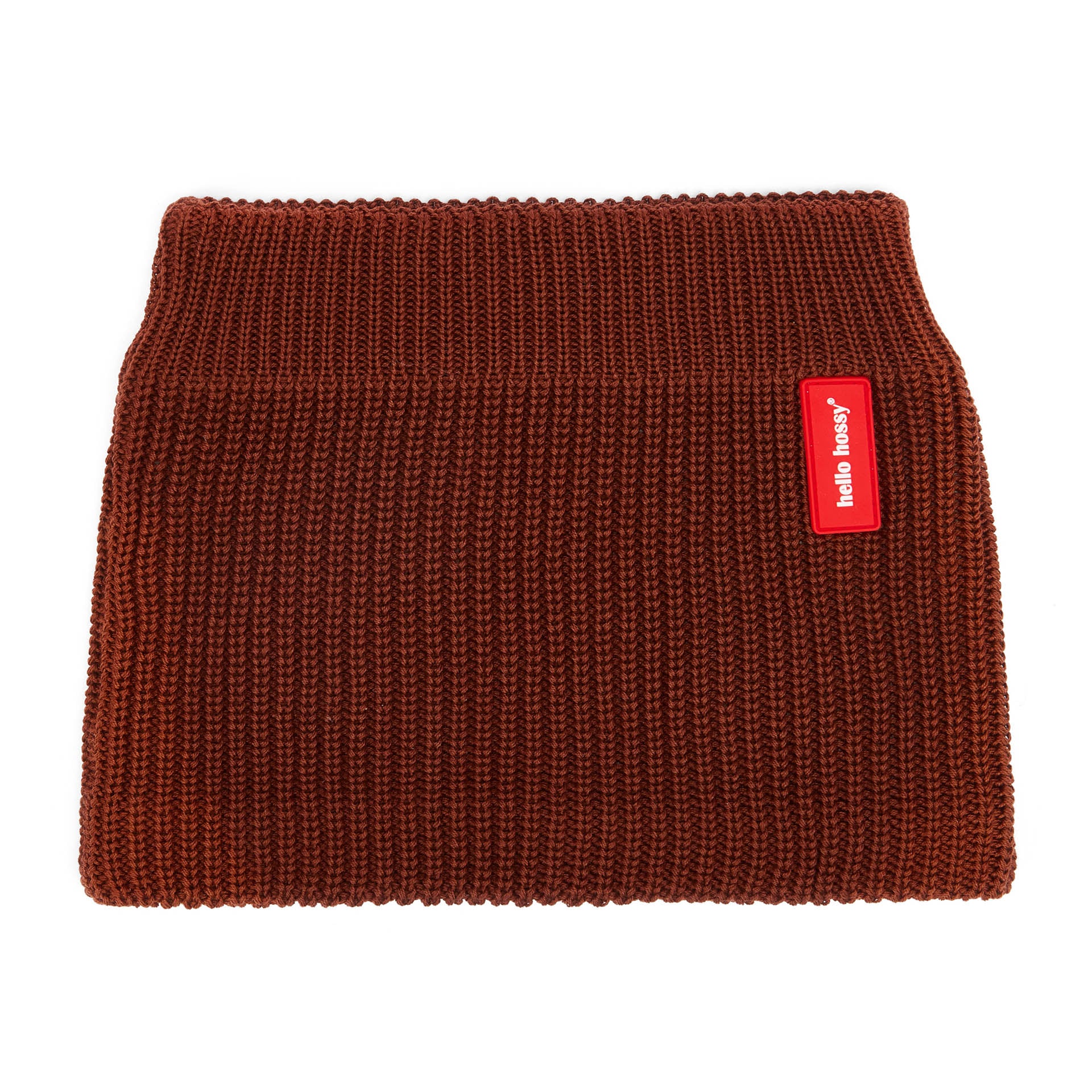 Snood bambino marrone in maglia a coste con etichetta rossa Hello Hossy