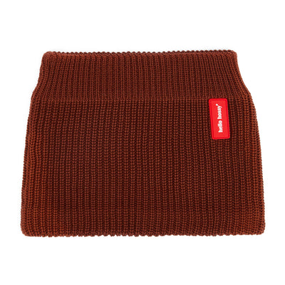 Snood bambino marrone in maglia a coste con etichetta rossa Hello Hossy