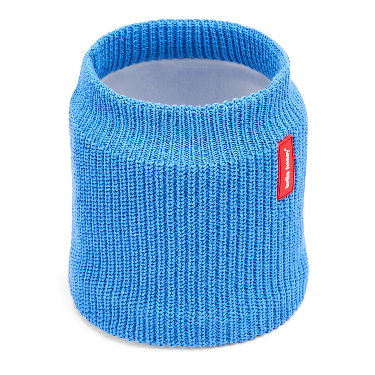 Snood bambino blu lavorato a maglia, interno in pile, etichetta rossa Hello Hossy