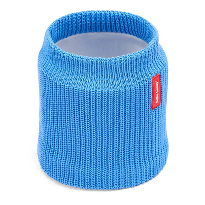 Snood bambino blu lavorato a maglia, interno in pile, etichetta rossa Hello Hossy