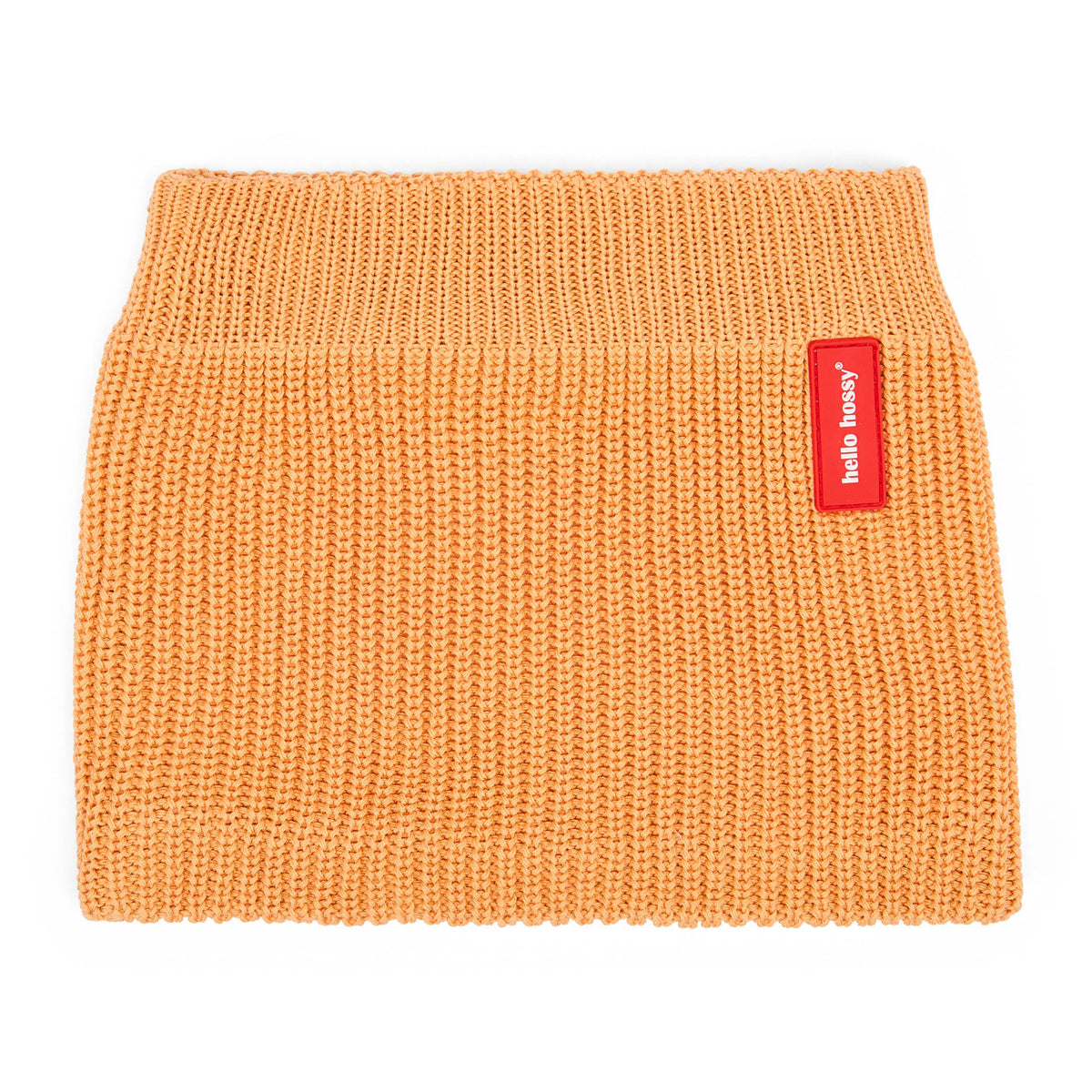 Snood color cammello per bambino, maglia a coste, etichetta rossa Hello Hossy