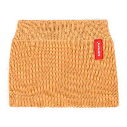 Snood color cammello per bambino, maglia a coste, etichetta rossa Hello Hossy
