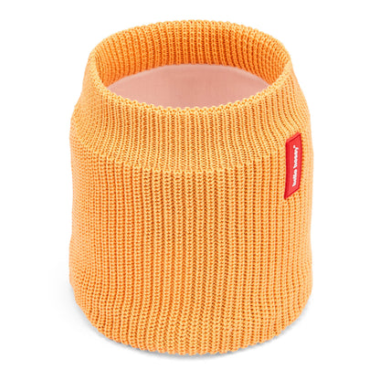 Snood bambino color cammello in maglia a coste, dettaglio etichetta rossa Hello Hossy