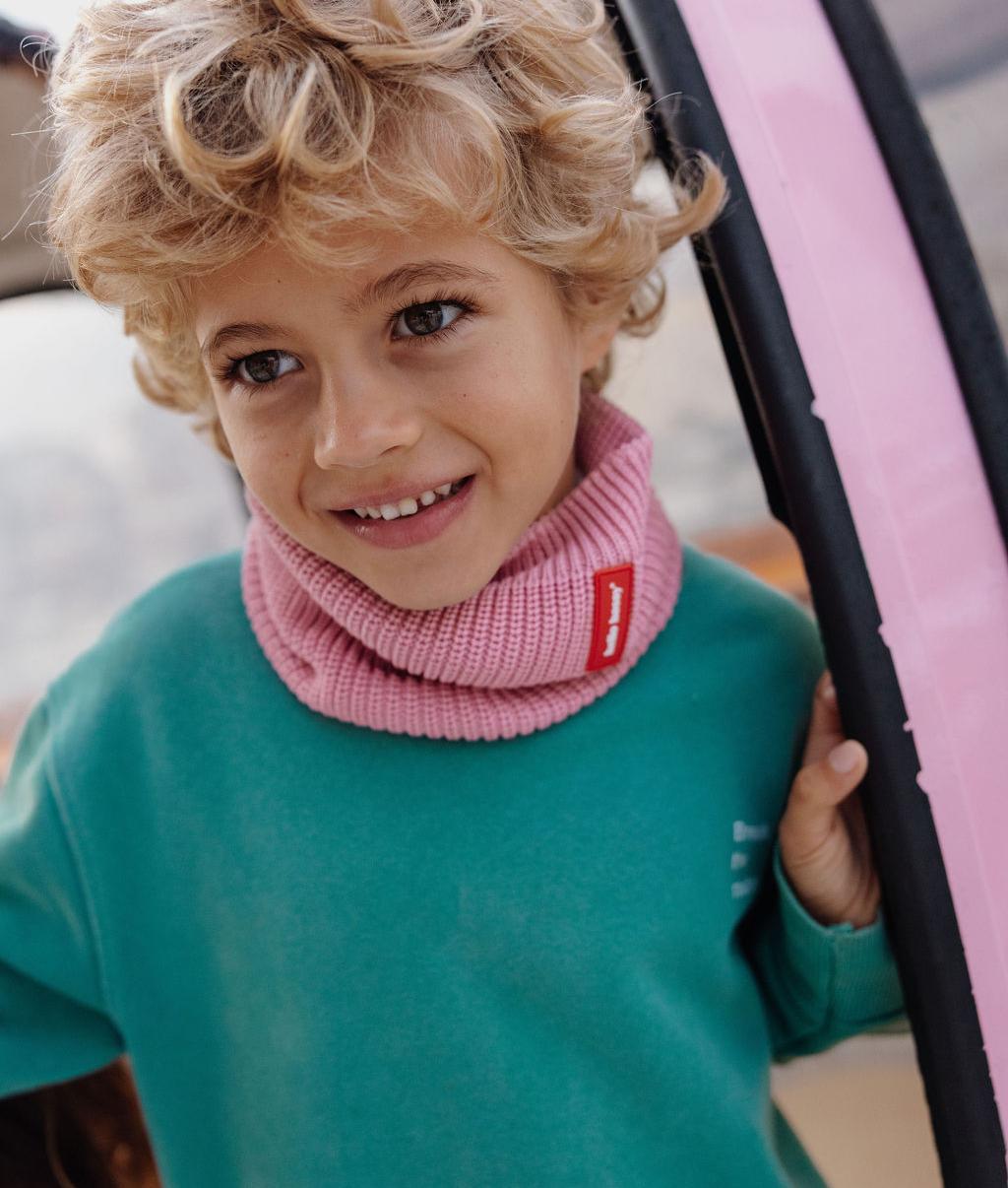 Snood bambino rosa lavorato a maglia fodera in pile Hello Hossy