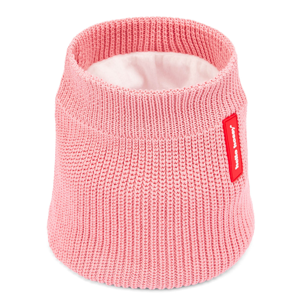 Snood bambino rosa in maglia con fodera in pile, etichetta rossa Hello Hossy