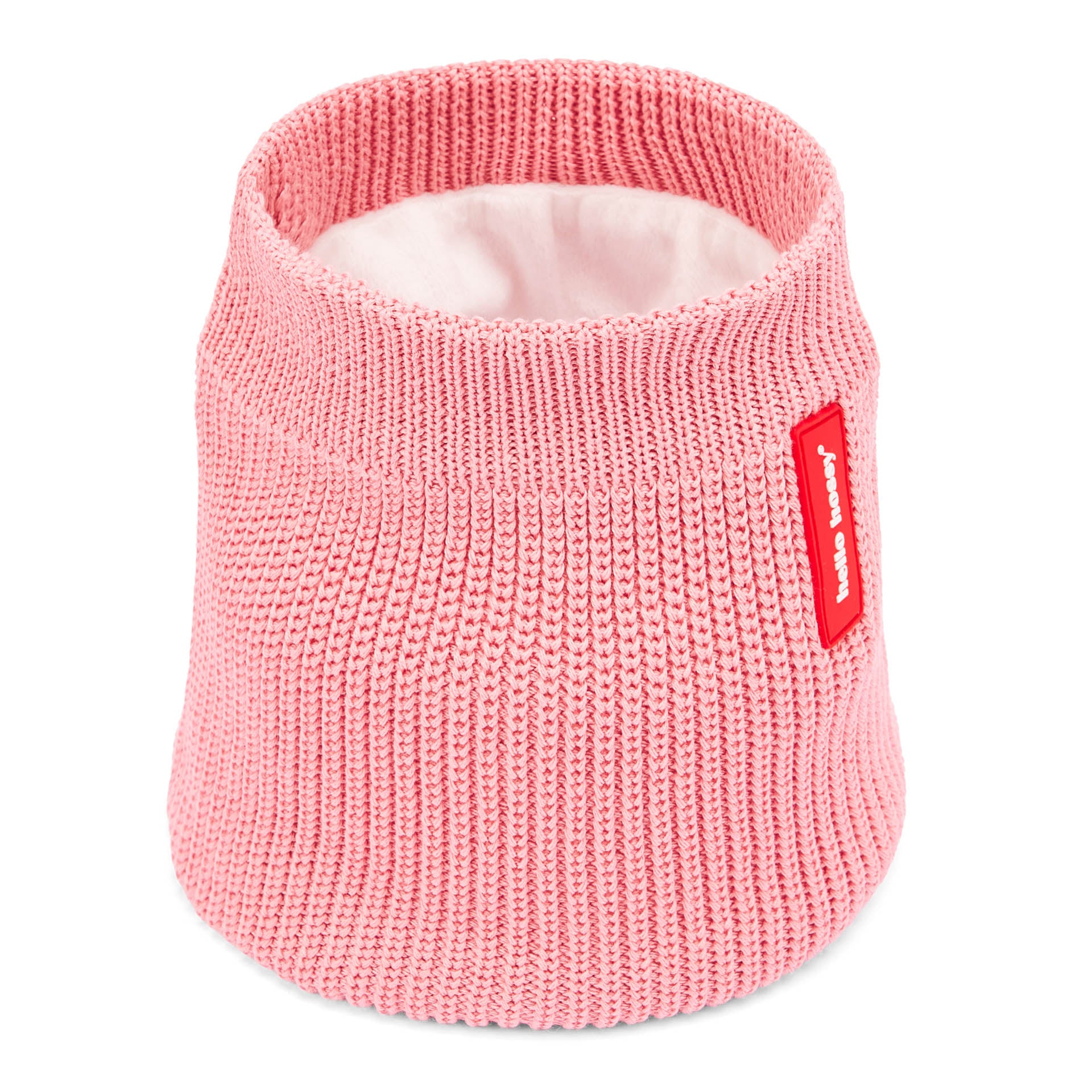Snood bambino rosa in maglia con fodera in pile, etichetta rossa Hello Hossy