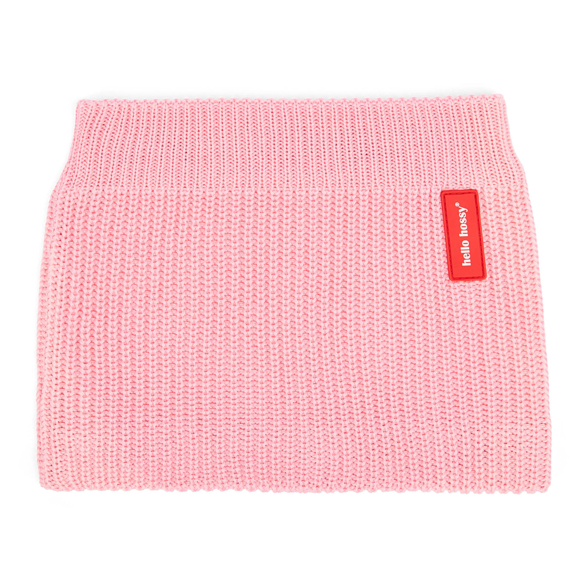 Snood per bambini rosa in maglia lavorata con etichetta rossa Hello Hossy
