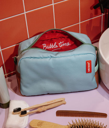 Beauty case per bambini blu, fodera rossa, scritta Bubble time Hello Hossy
