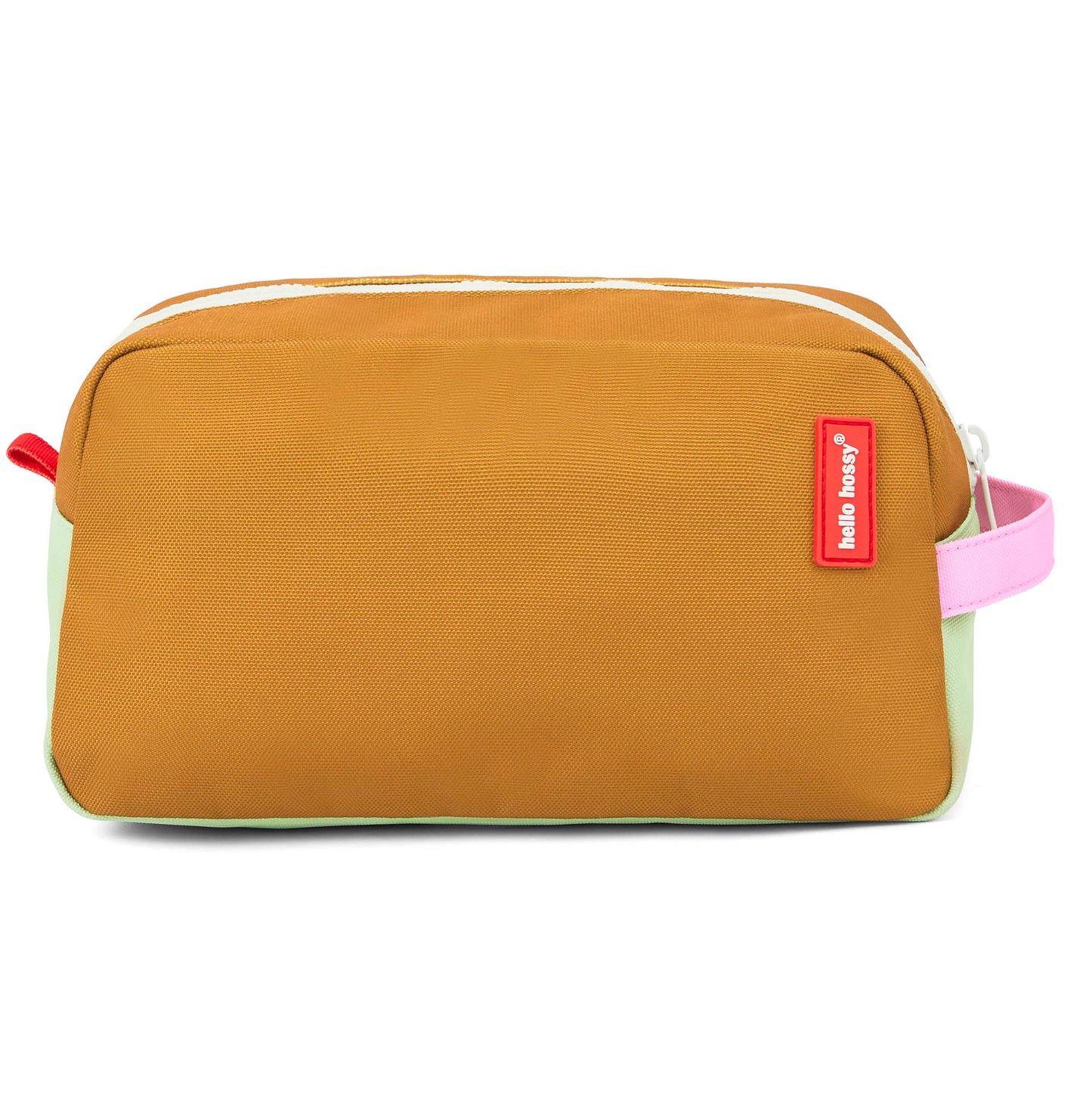 Beauty case bambino cammello e verde, manico rosa, etichetta rossa Hello Hossy