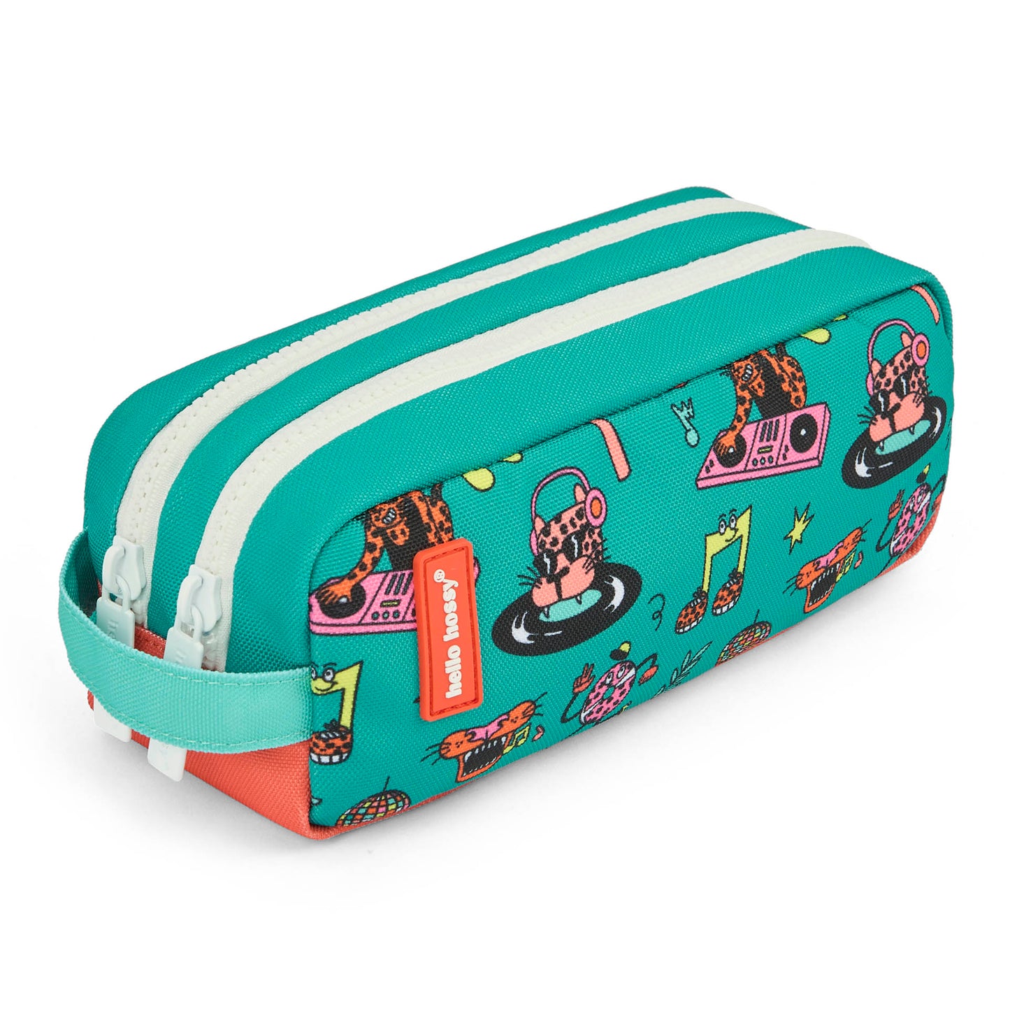 Astuccio scolastico bambino verde corallo motivo animali doppio scomparto Hello Hossy