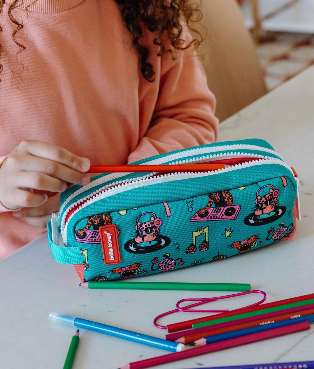 Astuccio scolastico per bambini verde e corallo, stampa animali, vari scomparti Hello Hossy