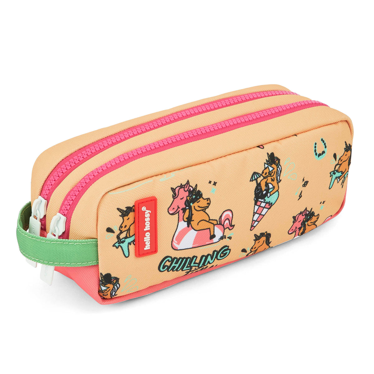 Astuccio scolastico per bambini giallo e rosa con motivo unicorno, doppio scomparto Hello Hossy