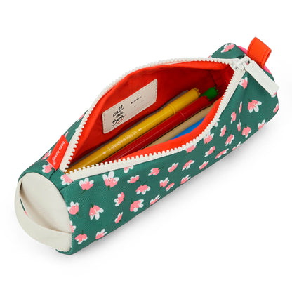 Astuccio scolastico bambino verde con stampa di fiori, interno arancione Hello Hossy