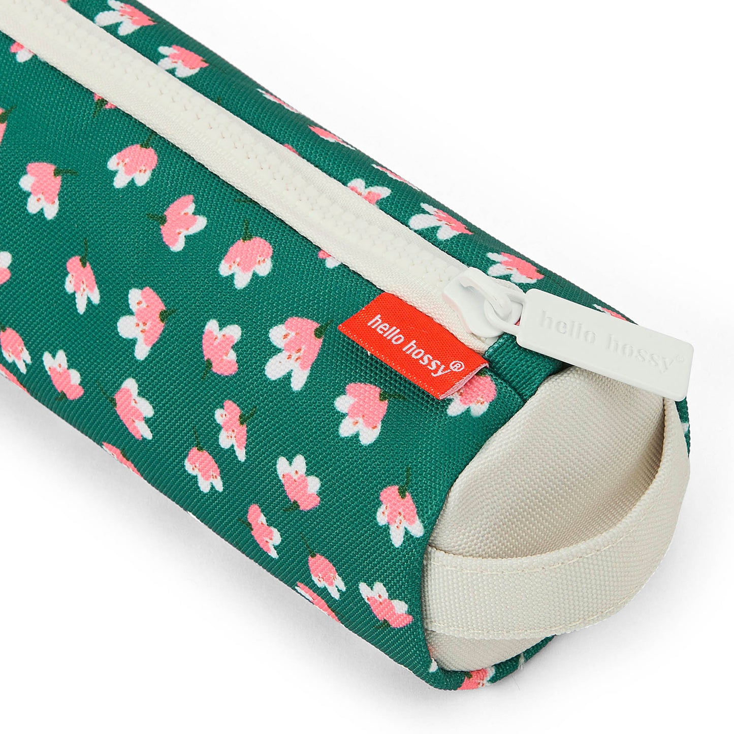 Astuccio scolastico bambino verde, motivo fiori rosa, zip color crema Hello Hossy