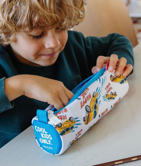 Astuccio scolastico bambino bianco arancione motivo auto cerniera blu Hello Hossy