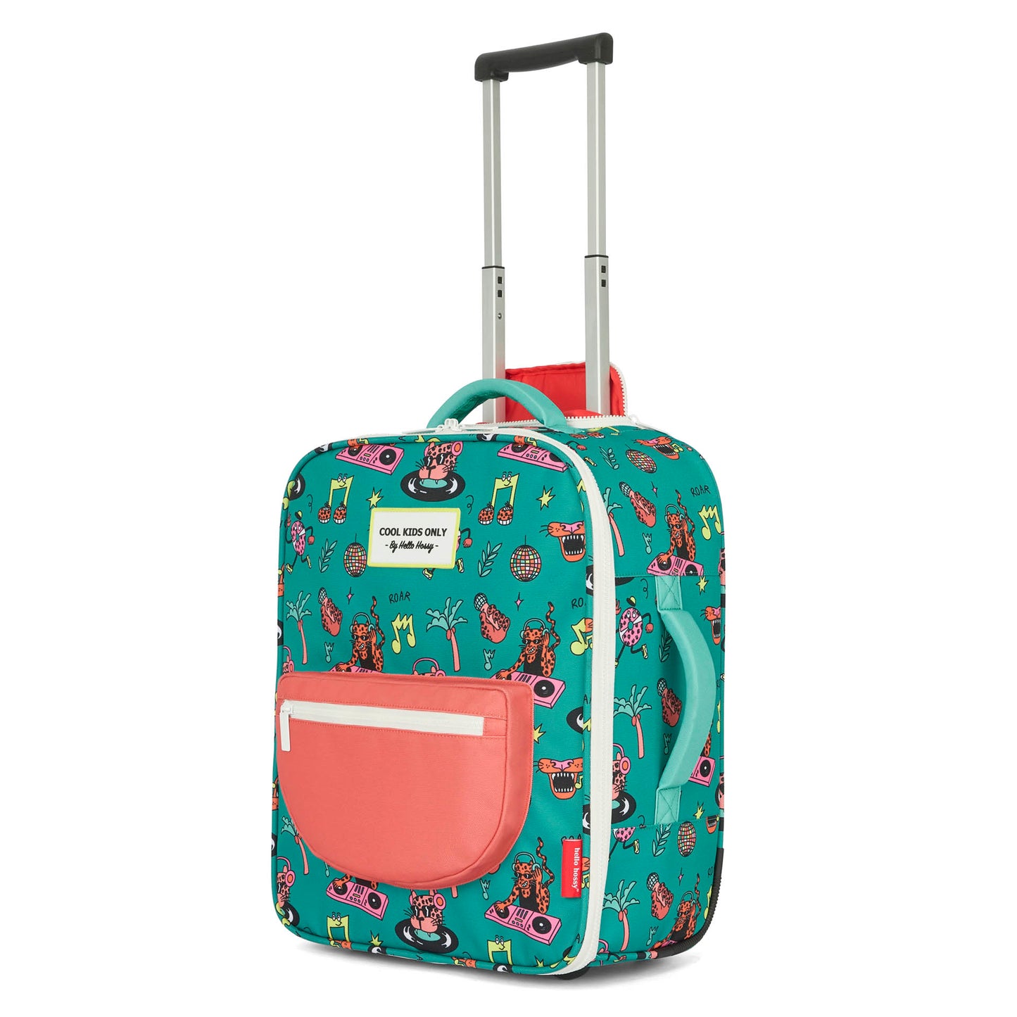 Valigia bambino verde motivo musica tasche corallo manico telescopico Hello Hossy