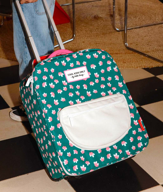 Valigia da bambino verde con stampa fiori e tasca bianca Hello Hossy