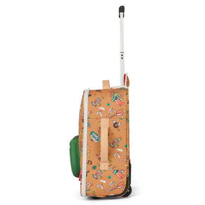 Valigia per bambini marrone con motivo musicale, tasca verde, maniglia retrattile Hello Hossy