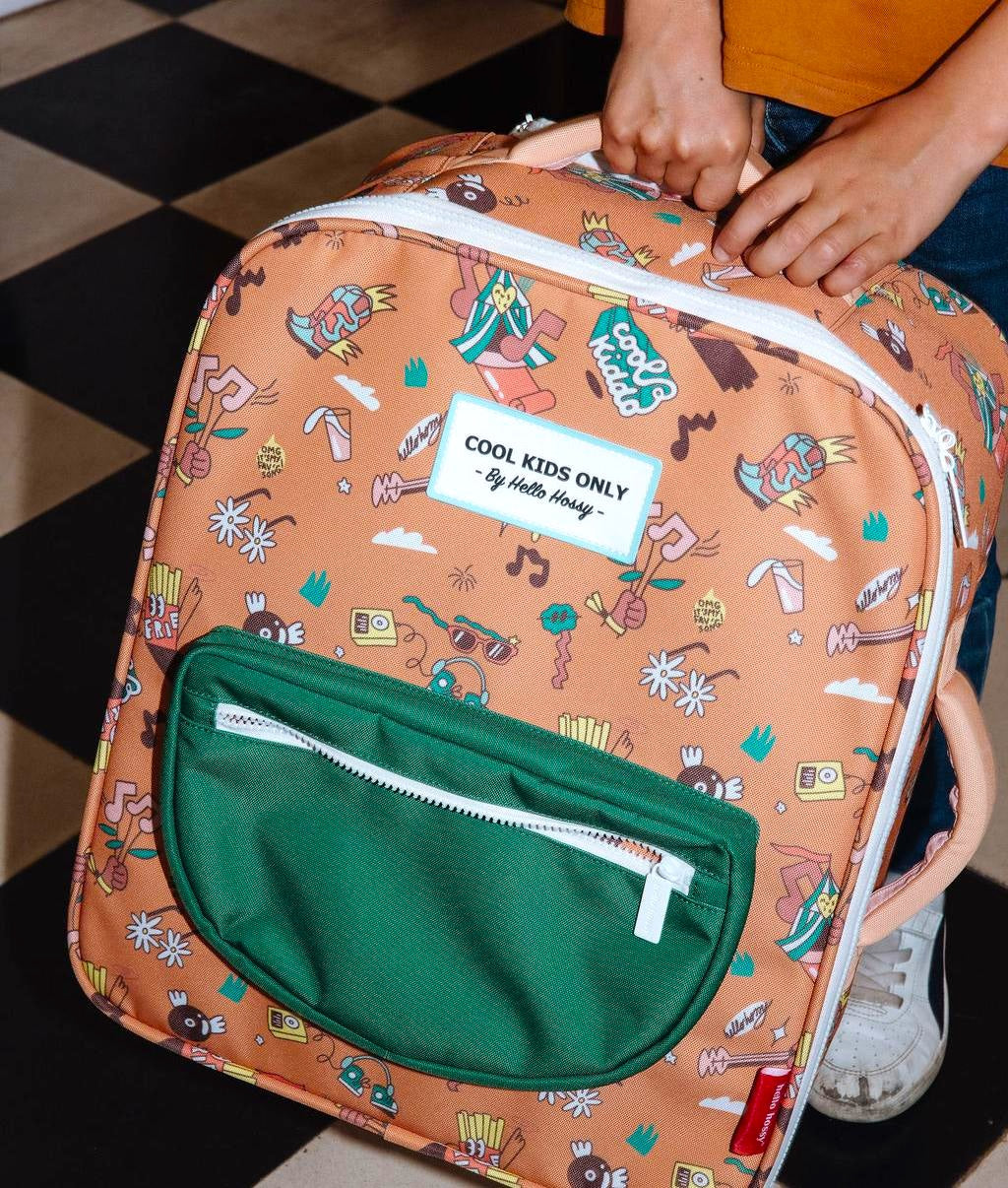 Valigia per bambini marrone con motivo musicale, tasca verde Hello Hossy