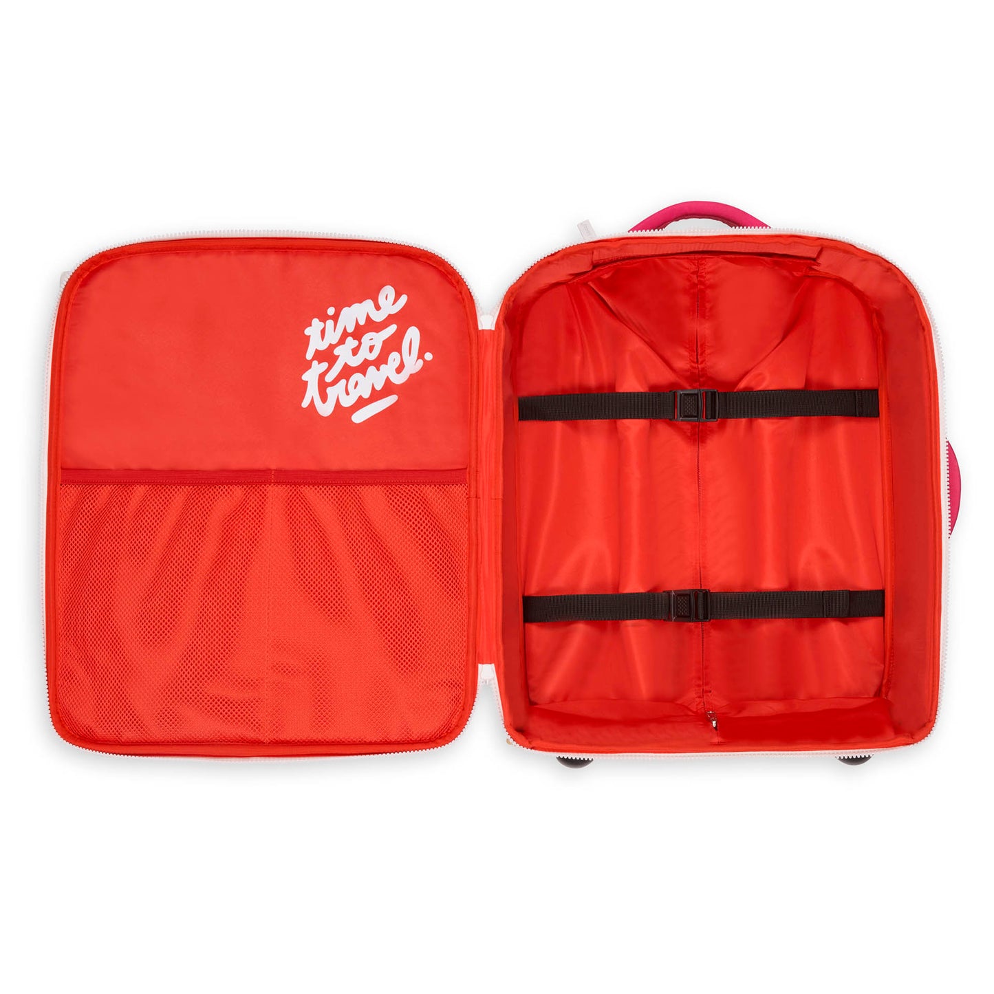 Valigia rosa per bambini con interno rosso e cinghia di fissaggio Hello Hossy