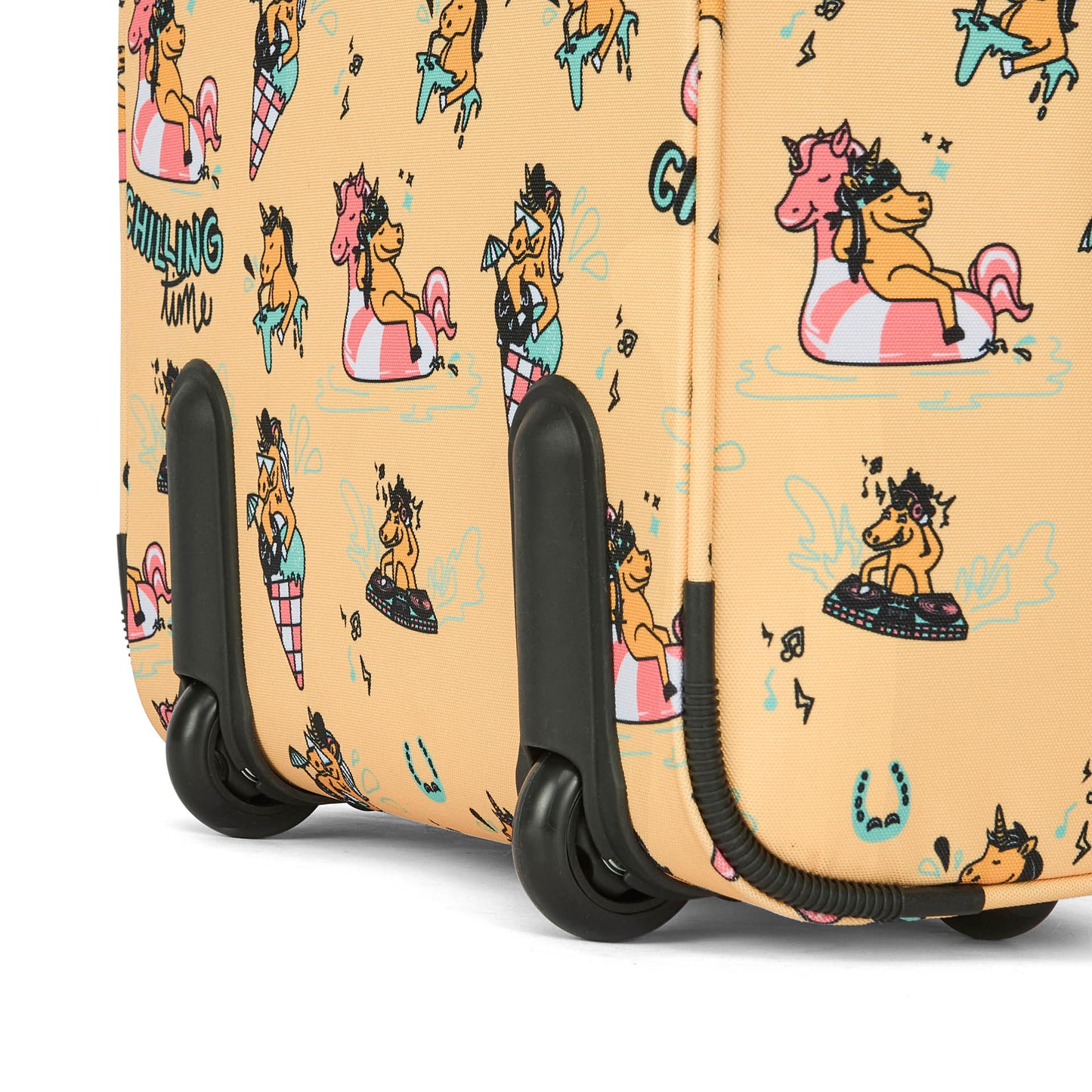 Valigia bambino gialla con stampa di unicorni multicolori, ruote e angoli rinforzati Hello Hossy