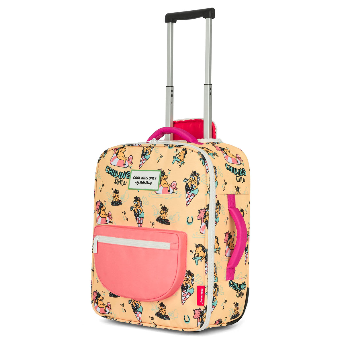 Valigia per bambini gialla con motivo unicorni rosa, maniglia e ruote Hello Hossy