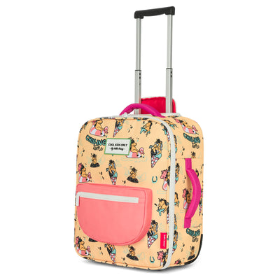 Valigia per bambini gialla con motivo unicorni rosa, maniglia e ruote Hello Hossy