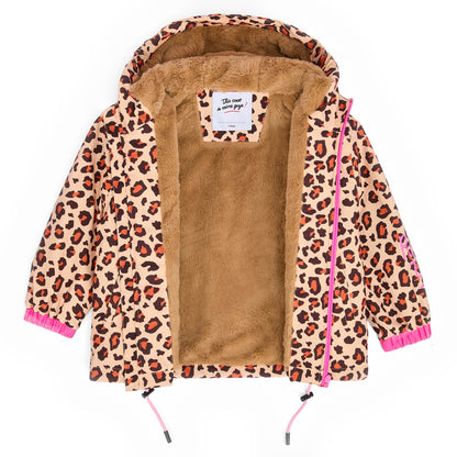 Giacca invernale per bambini con motivo leopard marrone, interno in pelliccia sintetica, cappuccio Hello Hossy