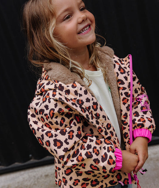 Giacca invernale bambino motivo leopard marrone nero fodera in finta pelliccia Hello Hossy