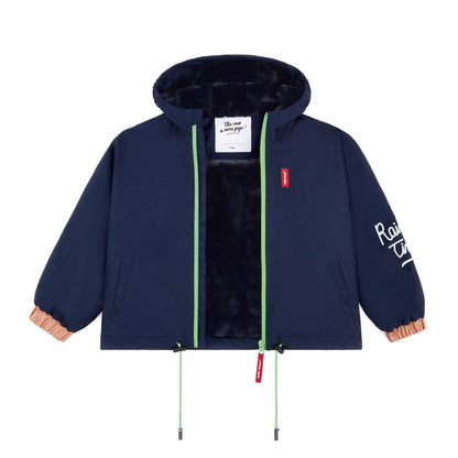 Giacca invernale bambino blu fodera in finta pelliccia cappuccio maniche elasticizzate Hello Hossy