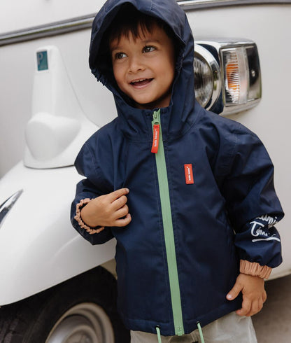 Giacca invernale bambino blu marine chiusura con zip verde cappuccio Hello Hossy