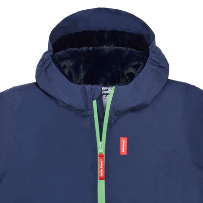Giacca invernale bambino blu marine fodera in pelliccia sintetica zip verde Hello Hossy