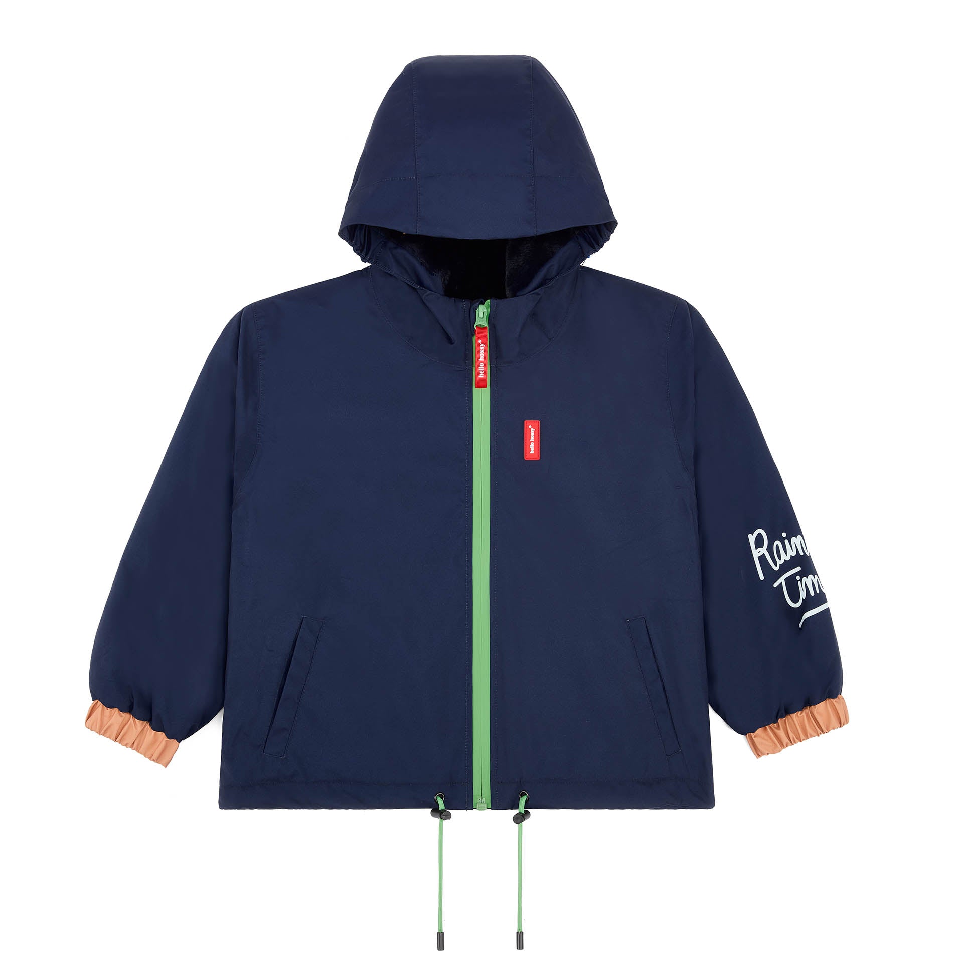 Veste invernale bambino blu navy cappuccio dettagli arancioni zip verde Hello Hossy