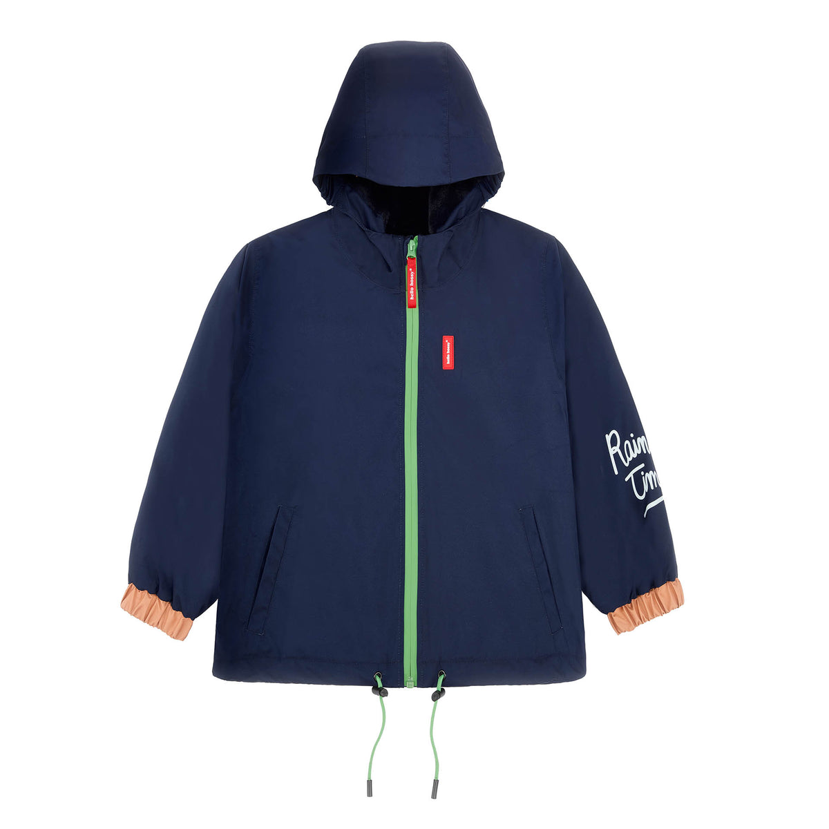 Giacca invernale bambino blu marine cappuccio dettagli arancione zip verde Hello Hossy