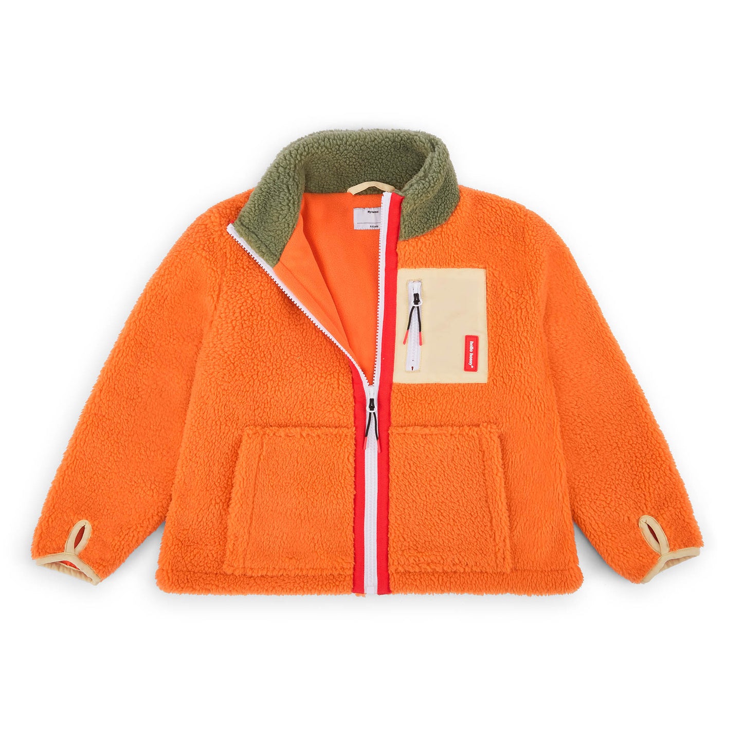 Giacca in pile per bambini arancione beige con tasca con zip e colletto a contrasto Hello Hossy