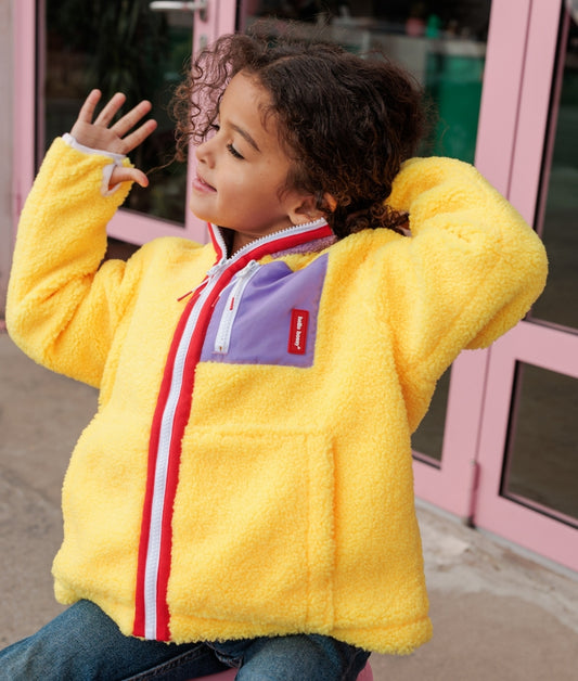 Giacca in pile bambino gialla e lilla, tasca con zip, collo alto Hello Hossy