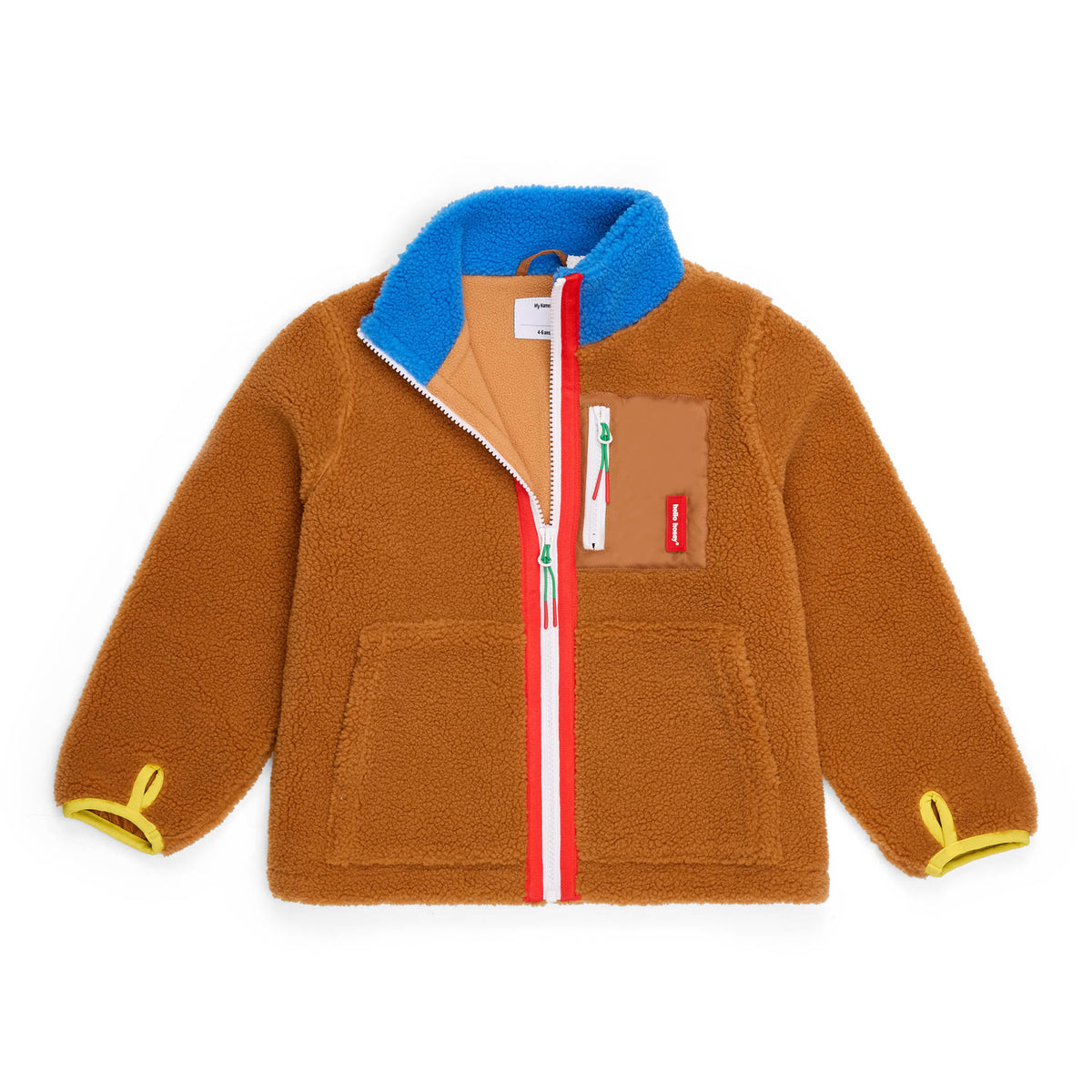 Giacca in pile bicolore blu e cammello da bambino vista piatta Hello Hossy