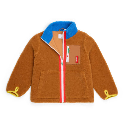 Giacca in pile bicolore blu e cammello da bambino vista piatta Hello Hossy