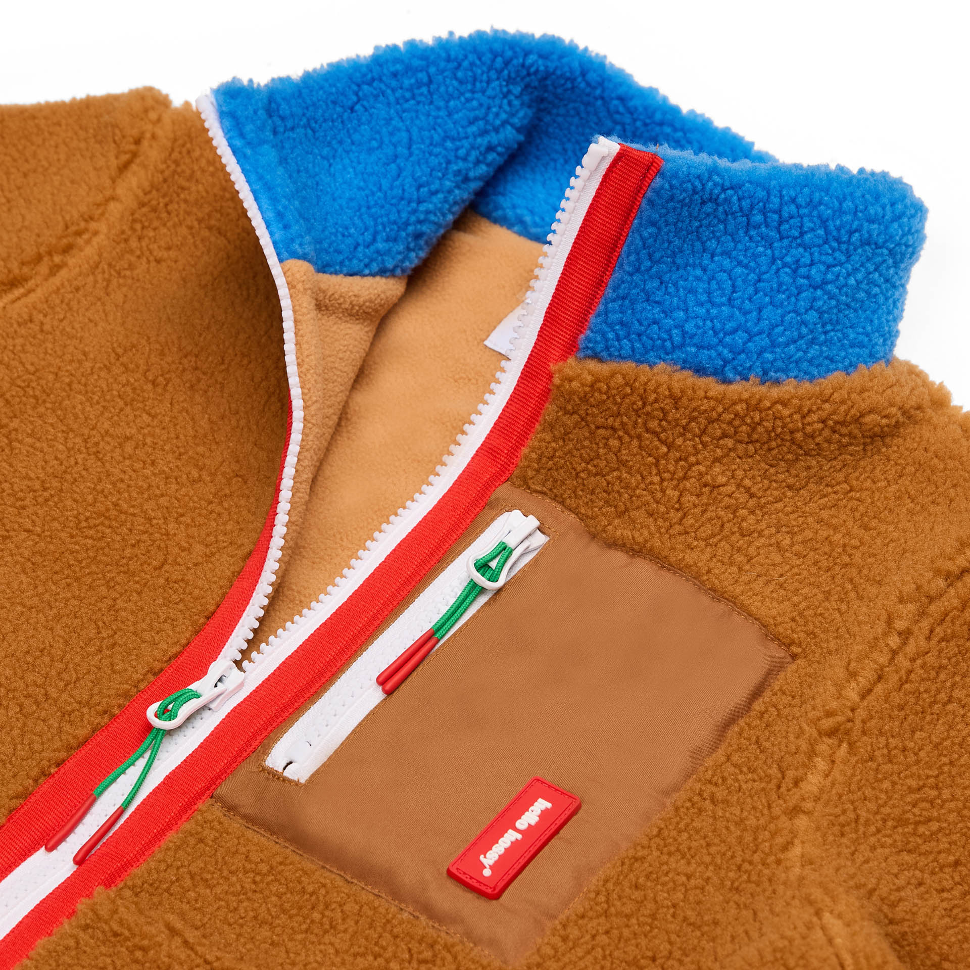 Giacca in pile Bicolore blu e cammello per bambino con chiusura zip Hello Hossy