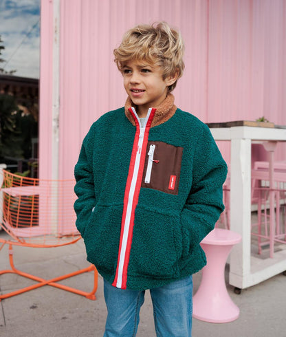 Giacca in pile per bambini blu e verde, tasca marrone, colletto Beige Hello Hossy