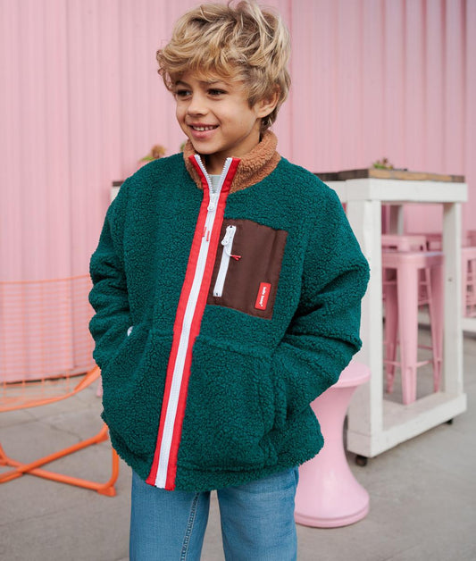 Giacca in pile bambino verde mandorla tasca marrone chiusura con zip rossa Hello Hossy
