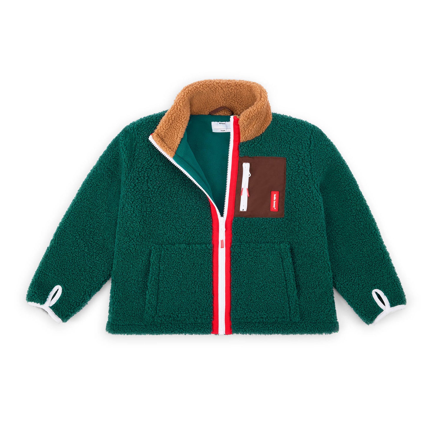 Giacca in pile bambino blu verde colletto marrone tasca con zip rossa Hello Hossy