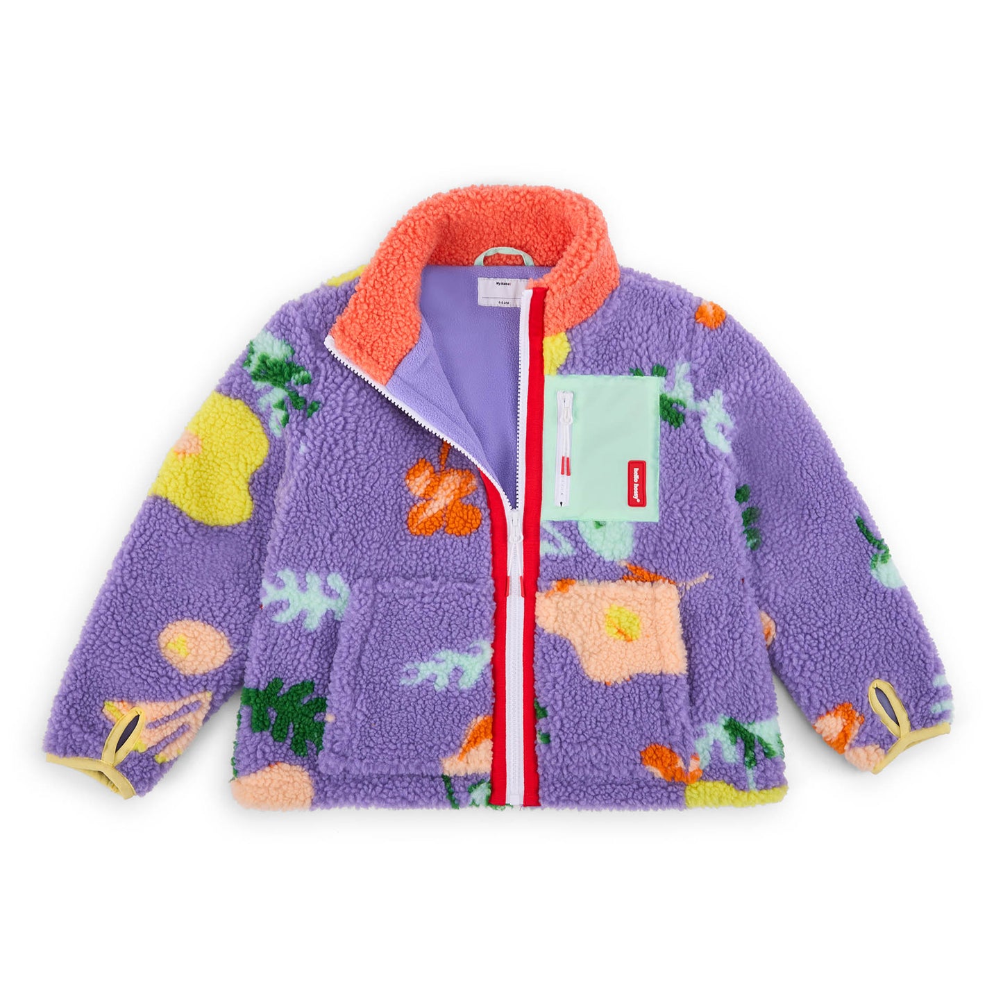 Giacca in pile bambino lilla motivo fiori tasca con zip verde Hello Hossy
