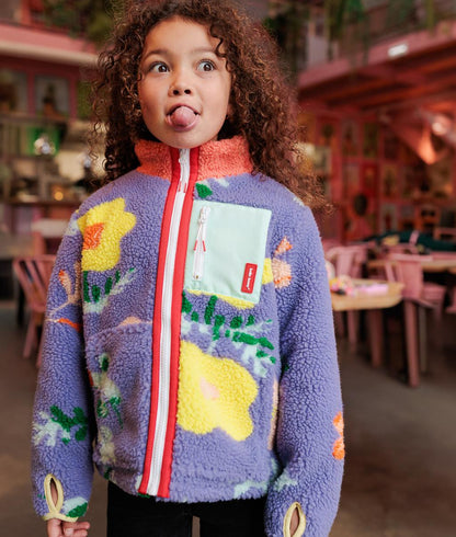Giacca in pile per bambini lilla a fiori tasca con zip Hello Hossy