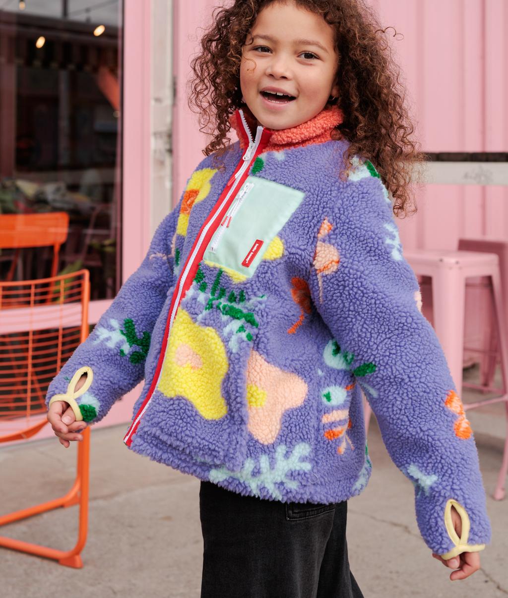 Giacca in pile per bambini lilla a fiori tasca con zip Hello Hossy