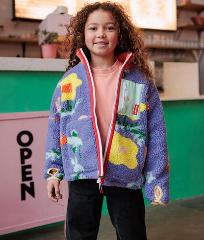 Giacca in pile per bambini lilla a fiori tasca con zip Hello Hossy