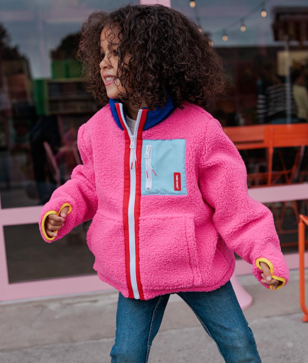 Giacca in pile per bambini fuchsia, tasca blu, colletto blu Hello Hossy